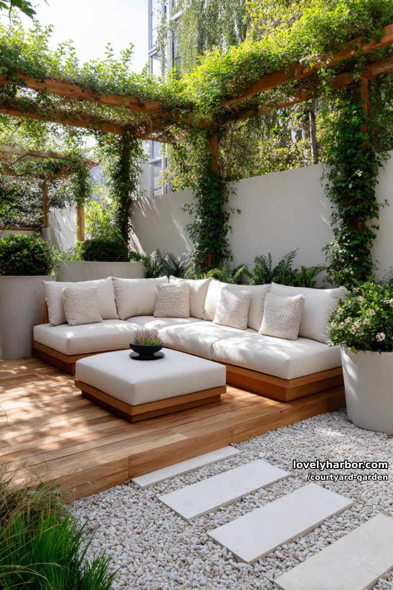 modern garden patio with stepping stones, deck, sofa, and climbing vines 1
