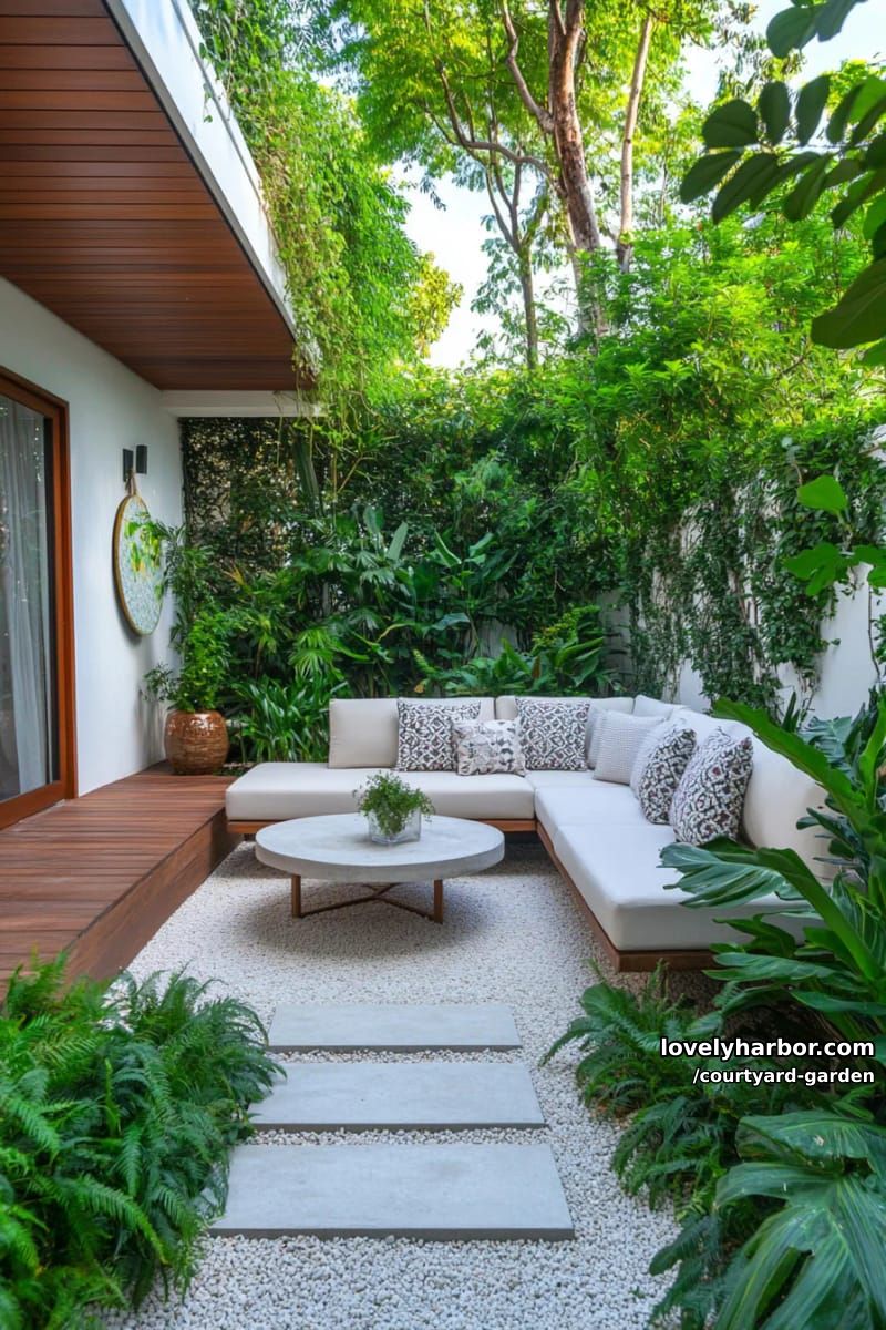 modern garden patio with stepping stones, deck, sofa, and climbing vines 1