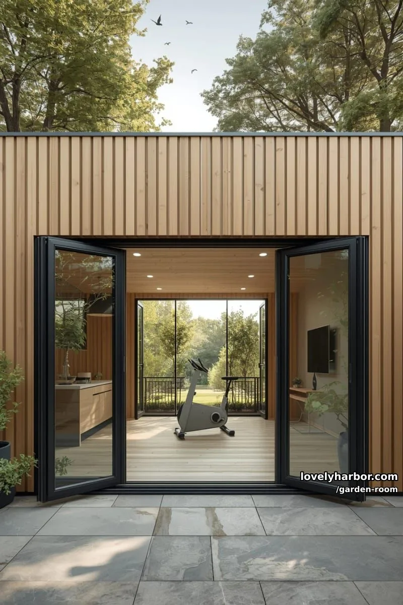 modern garden room with folding doors and minimalist exercise space. 1