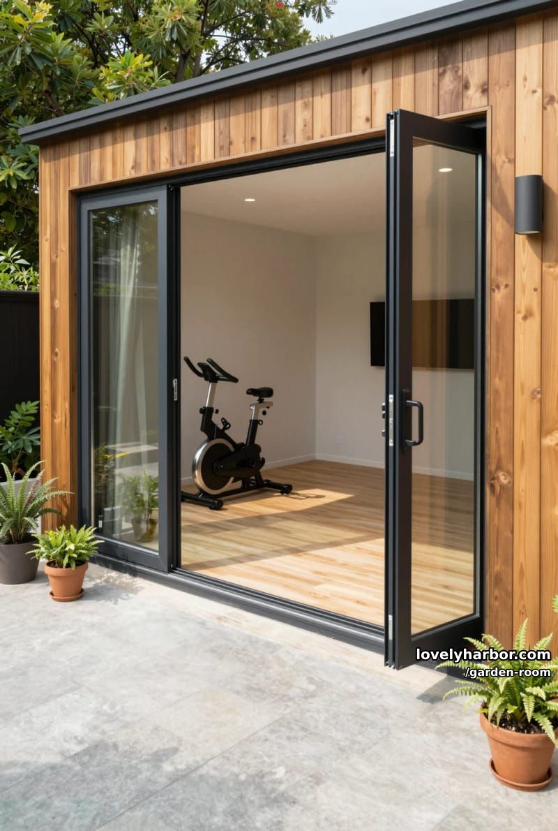modern garden room with folding doors and minimalist exercise space. 1