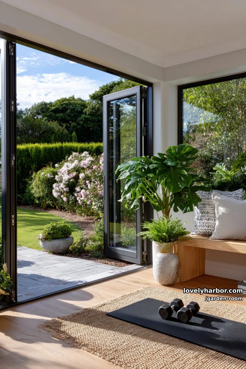 modern garden room with folding doors and minimalist exercise space. 1