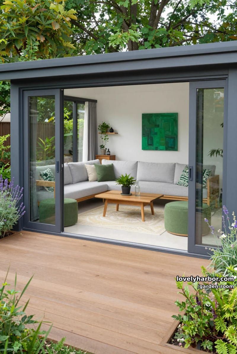 modern garden room with glass folding doors and lush greenery. 1