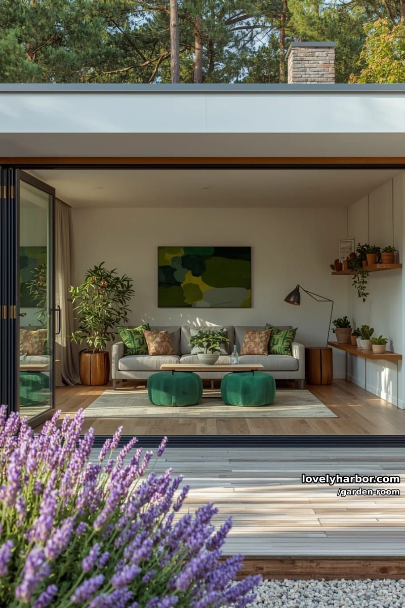 modern garden room with glass folding doors and lush greenery. 1