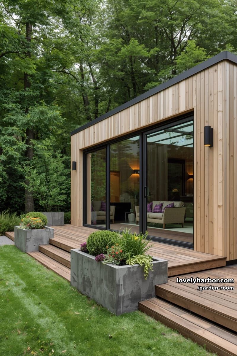 modern garden room with vertical wood cladding and concrete planters. 1