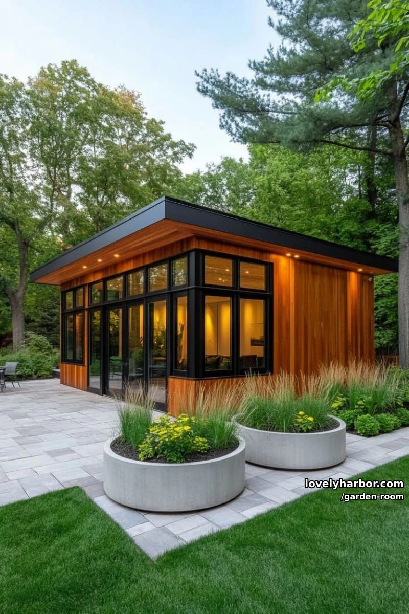 modern garden room with vertical wood cladding and concrete planters. 1
