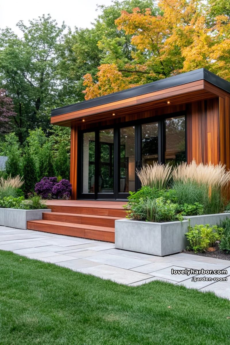 modern garden room with vertical wood cladding and concrete planters. 1
