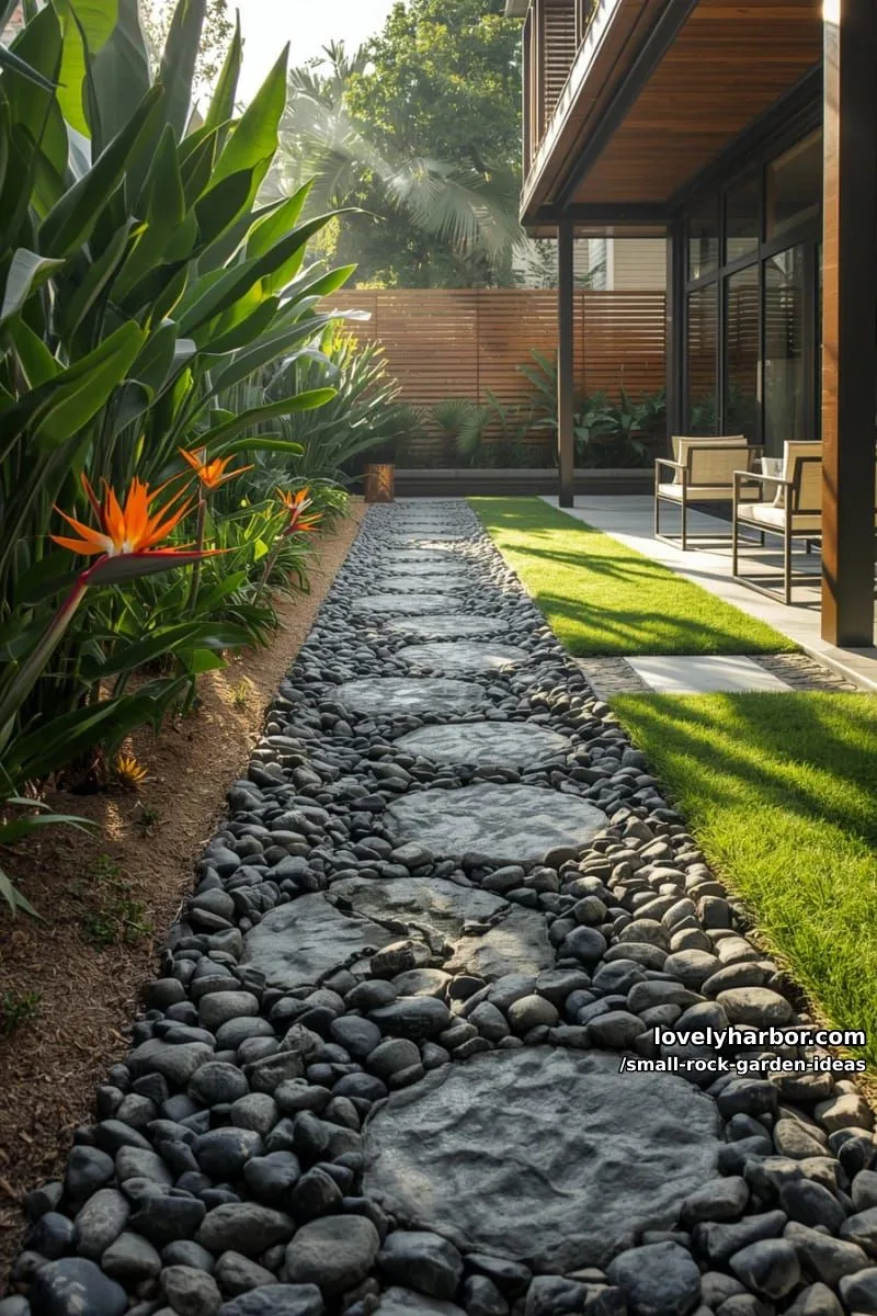 modern garden with dry riverbed, tropical plants, and minimalist patio. 1