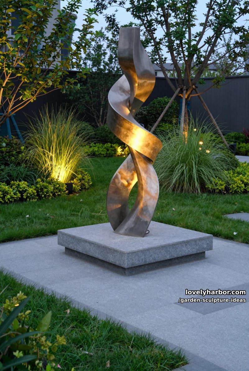 modern garden with illuminated abstract metal spiral sculpture as focal point. 1