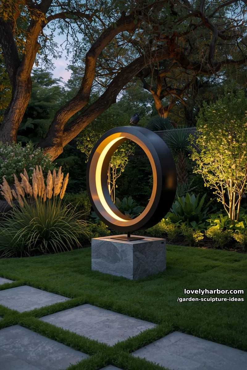modern garden with illuminated abstract metal spiral sculpture as focal point. 1