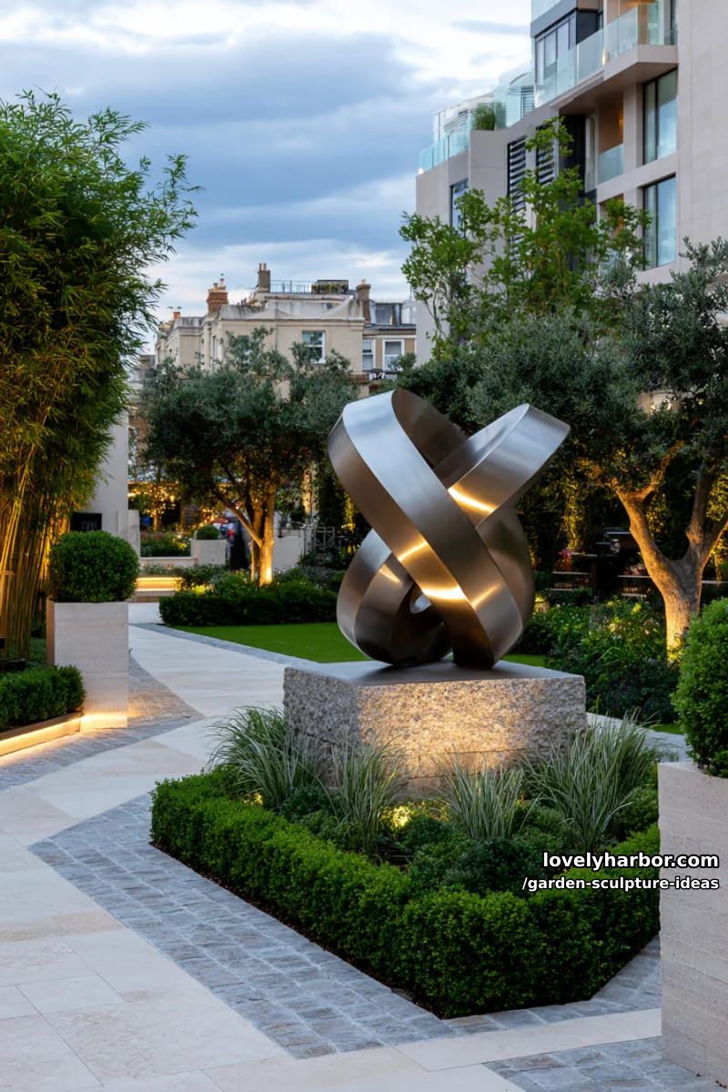 modern garden with illuminated abstract metal spiral sculpture as focal point. 1