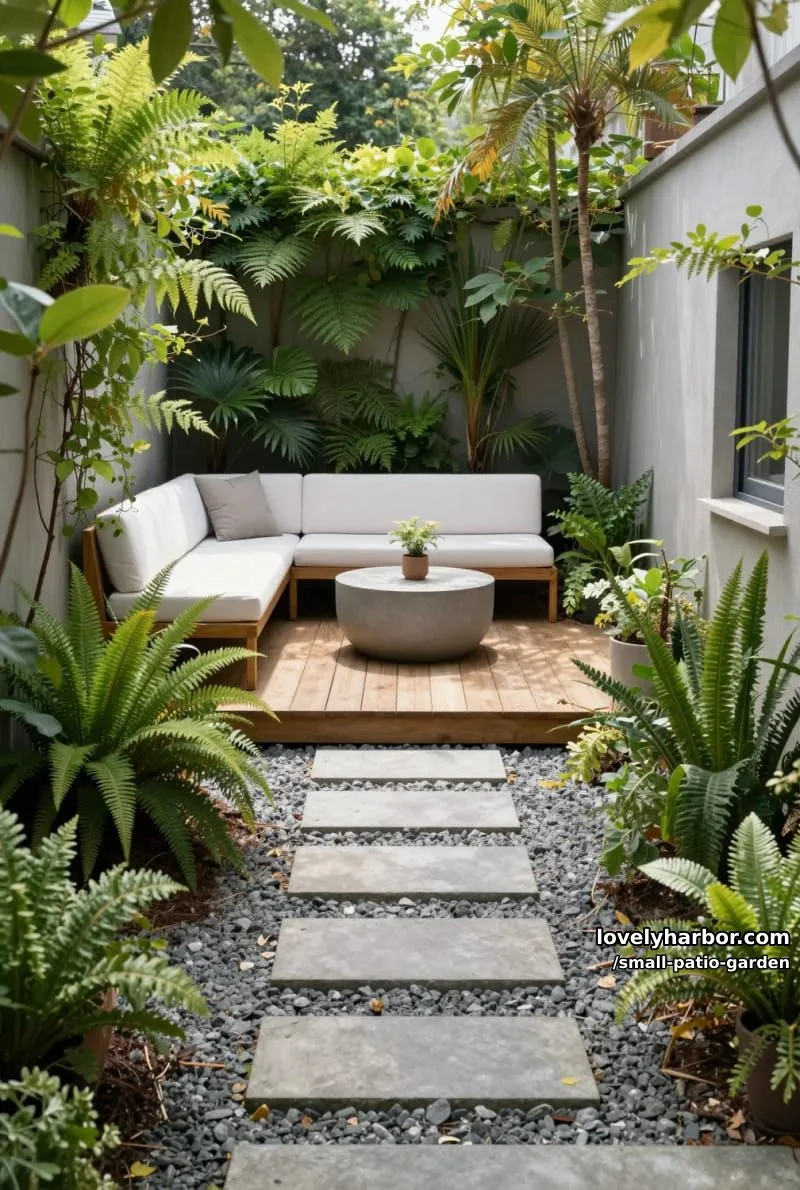 modern garden with stone path, wooden deck, white sofa, and lush foliage. 1