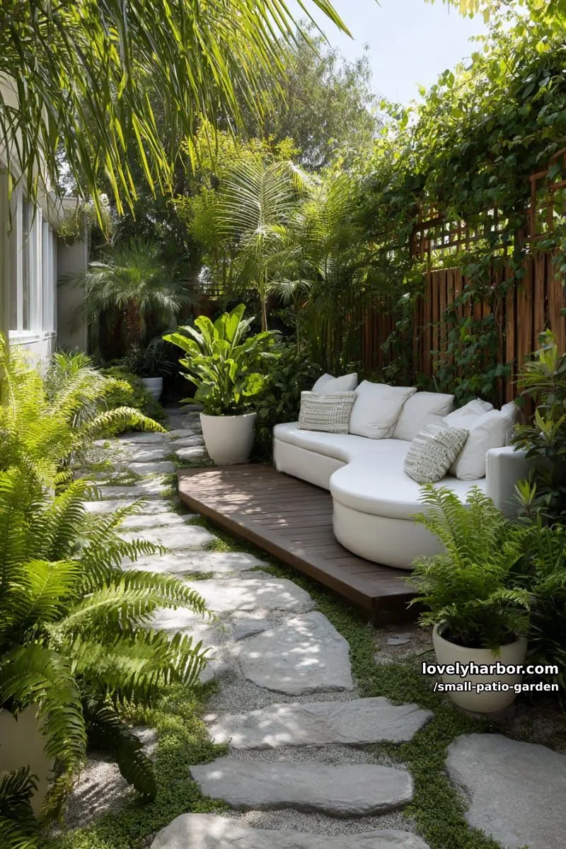 modern garden with stone path, wooden deck, white sofa, and lush foliage. 1