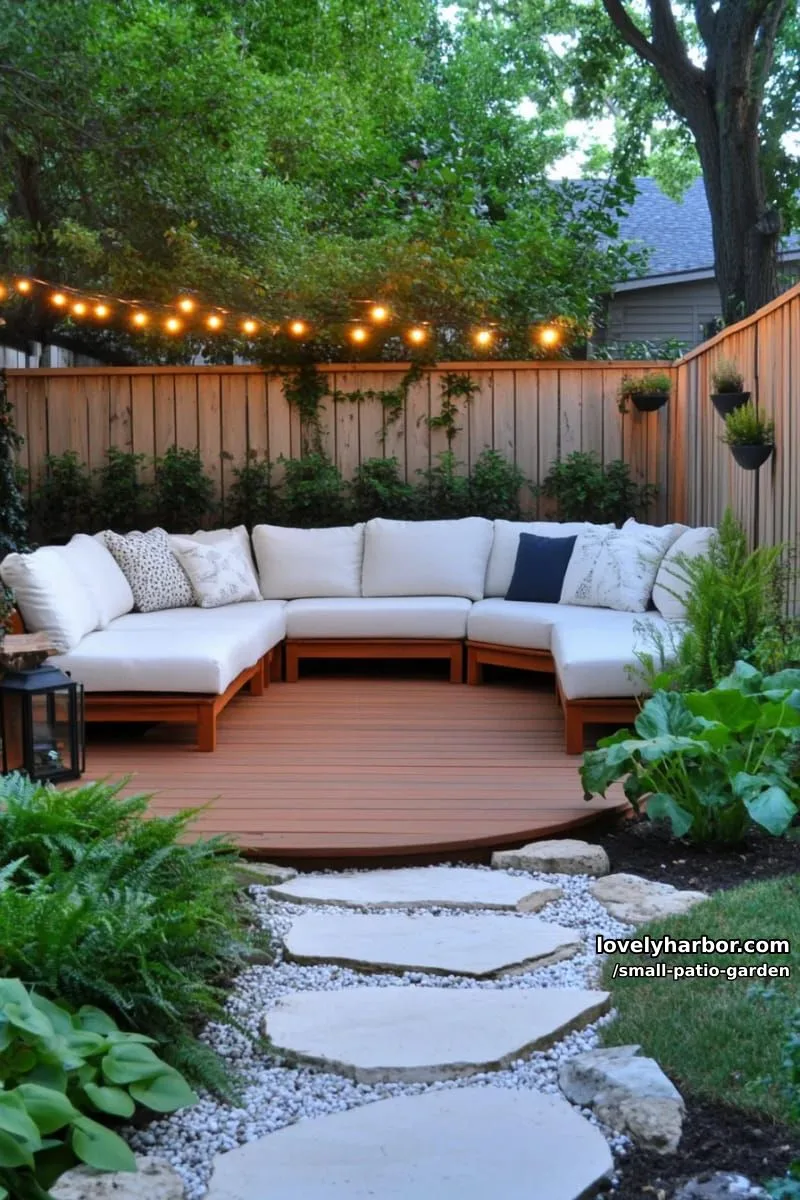 modern garden with stone path, wooden deck, white sofa, and lush foliage. 1