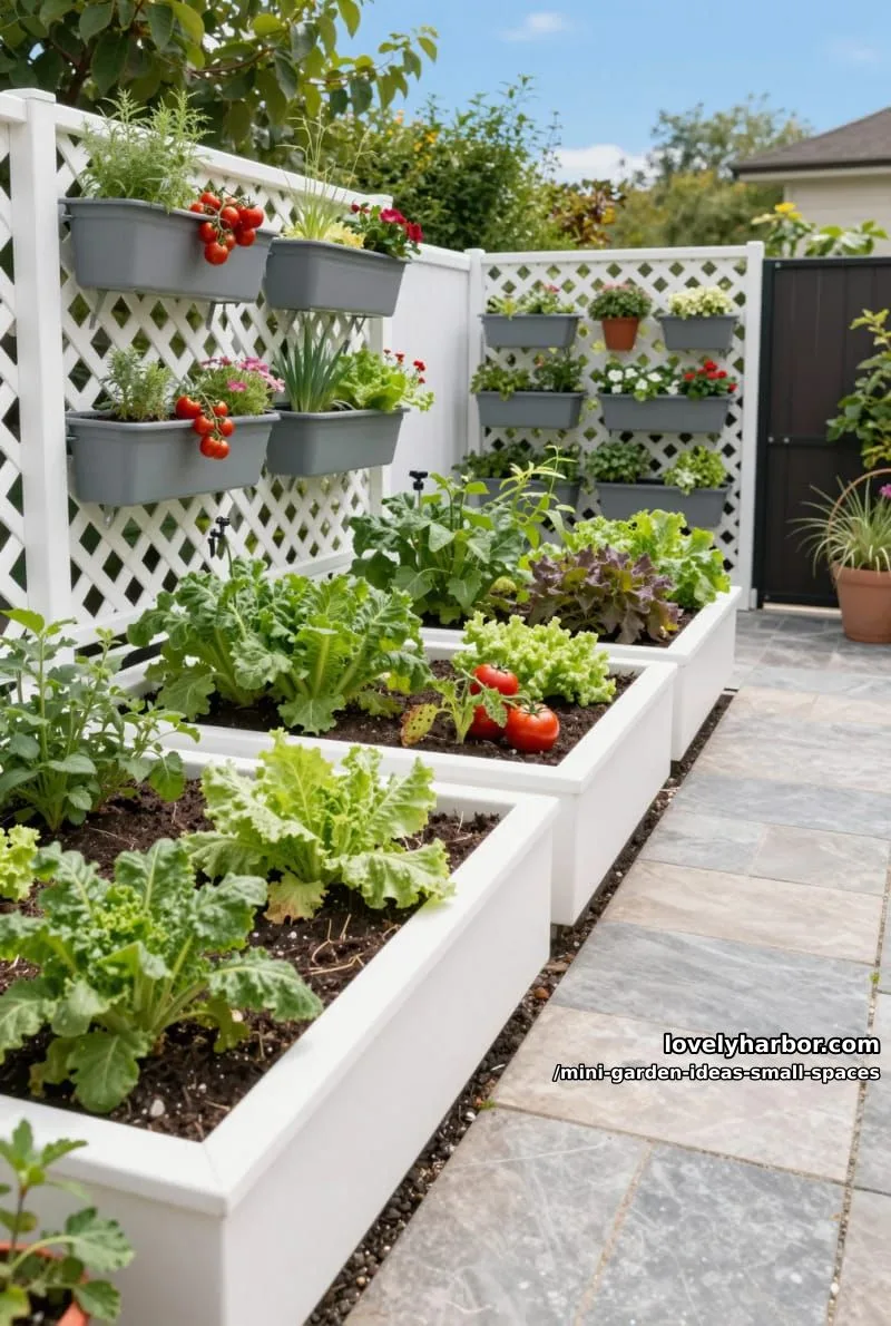 20 Mini Garden Ideas For Small Spaces 25 modern garden with white raised planters and vertical tomato garden. 1