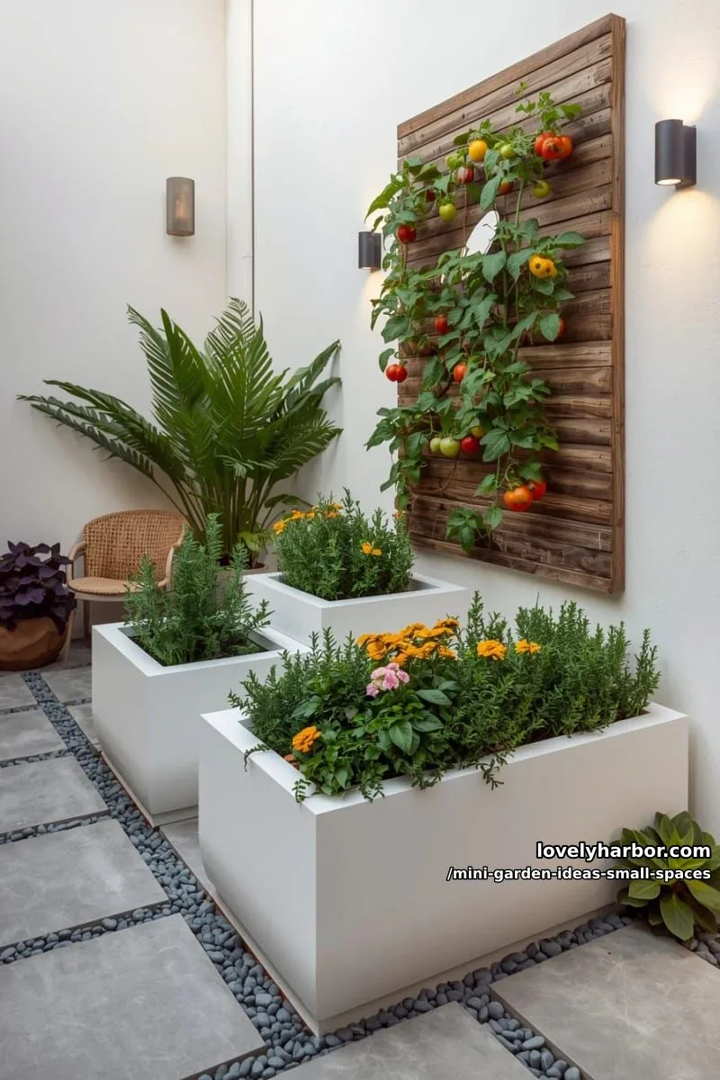20 Mini Garden Ideas For Small Spaces 26 modern garden with white raised planters and vertical tomato garden. 1