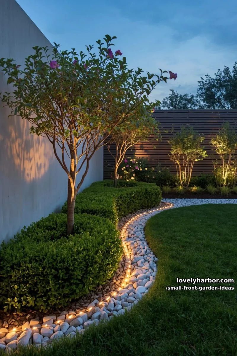 modern garden with white stone bed, led lights, and small tree. 1