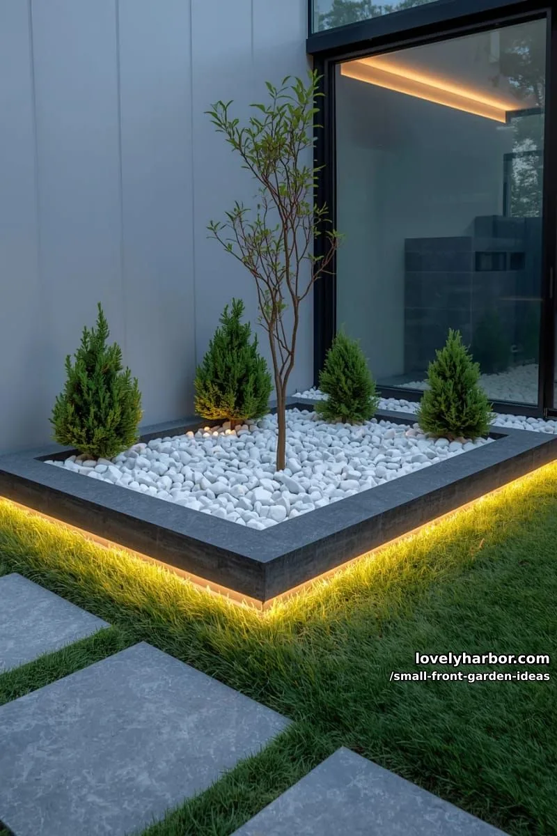 modern garden with white stone bed, led lights, and small tree. 1