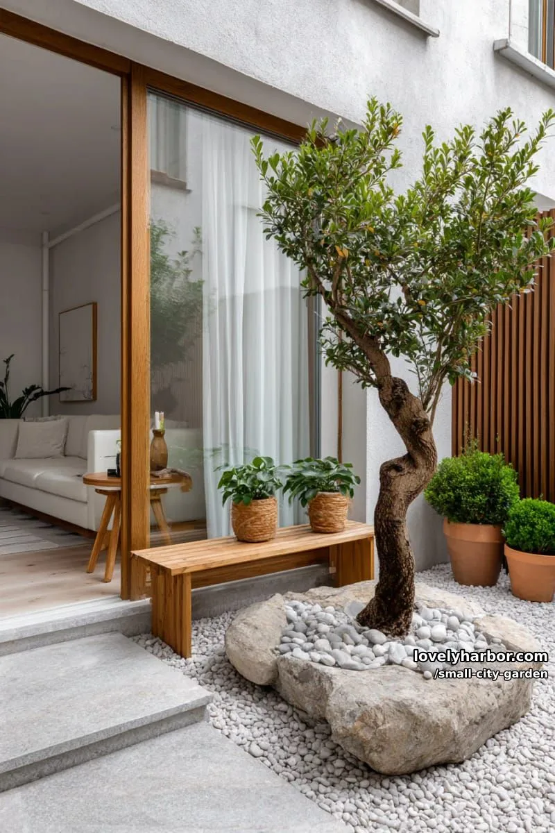 20 Small City Garden To Transform Your Space 20 modern home view to lush patio with small tree and wooden bench. 1