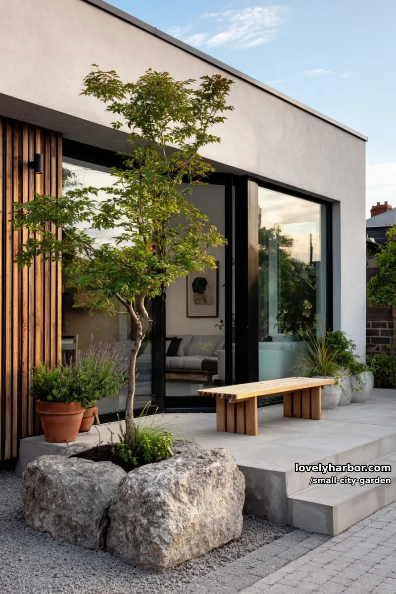 20 Small City Garden To Transform Your Space 21 modern home view to lush patio with small tree and wooden bench. 1