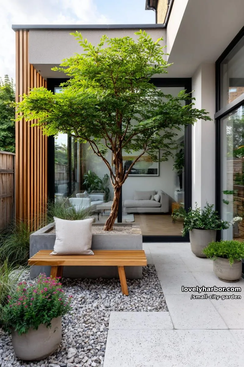 20 Small City Garden To Transform Your Space 22 modern home view to lush patio with small tree and wooden bench. 1