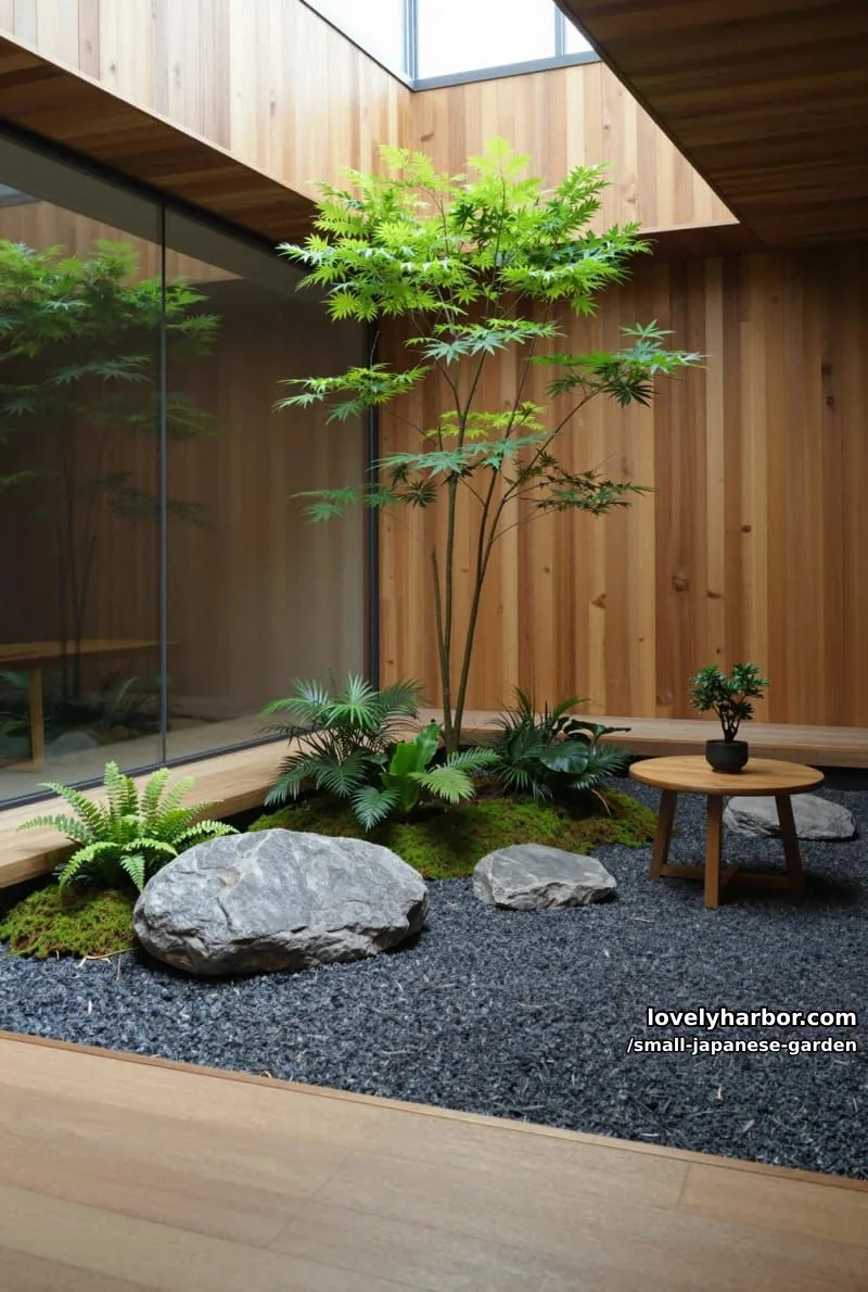 20 Small Japanese Garden Designs That Feel Like A Zen Retreat 34 modern indoor courtyard with zen garden, skylight, and wooden accents 1