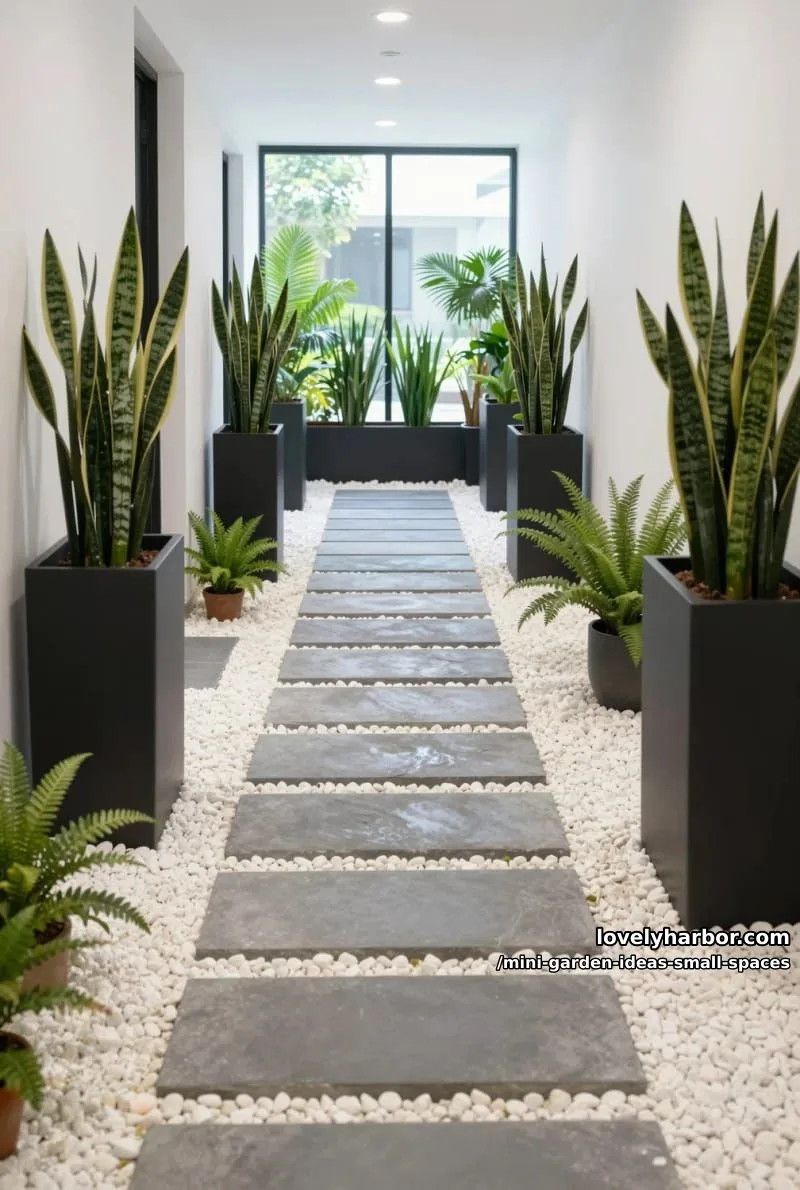 20 Mini Garden Ideas For Small Spaces 15 modern indoor walkway with stepping stones and sleek black planters. 1
