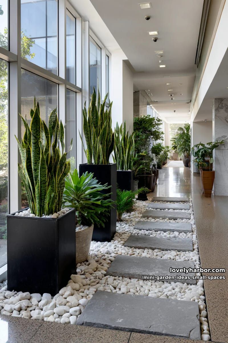 modern indoor walkway with stepping stones and sleek black planters. 1