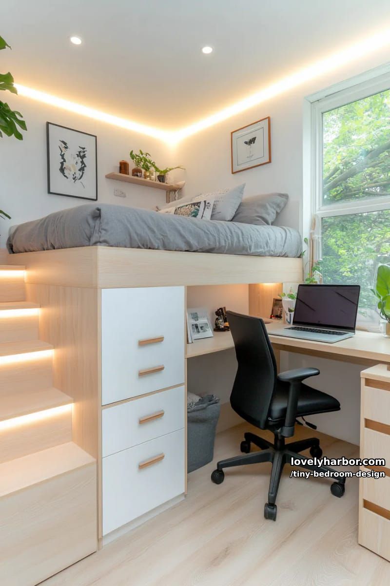 modern loft bedroom with workspace, led lighting, and minimalist design. 1