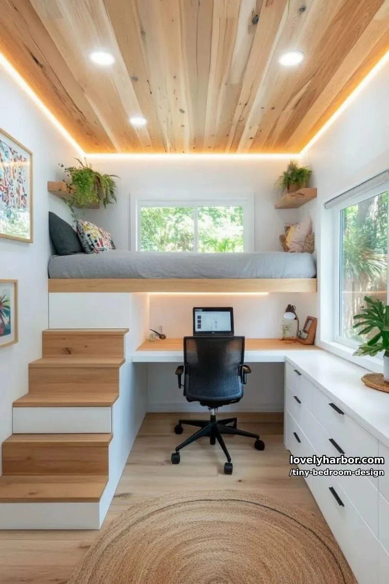 modern loft bedroom with workspace, led lighting, and minimalist design. 1