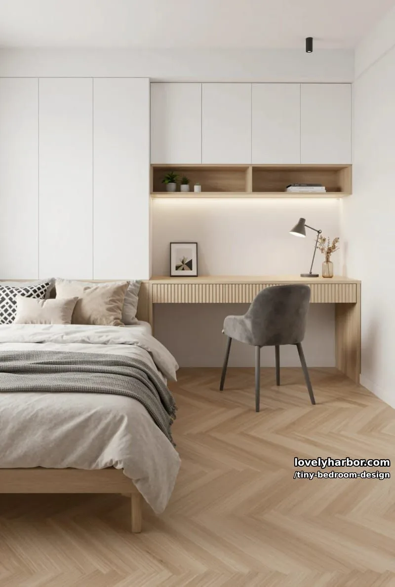 modern minimalist bedroom with herringbone wood floors and built-in desk. 1