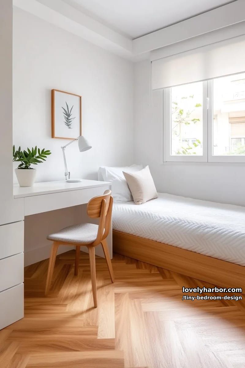 modern minimalist bedroom with herringbone wood floors and built-in desk. 1