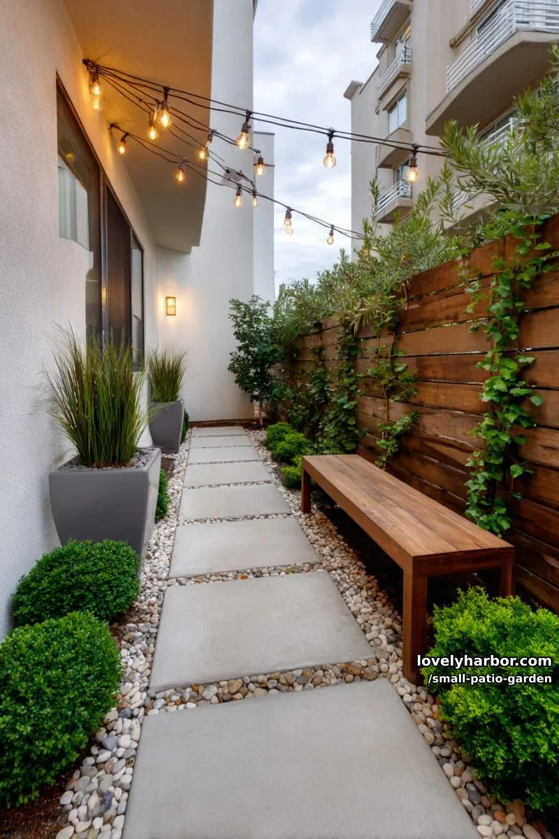 modern narrow patio, concrete pavers, manicured shrubs, and string lights. 1