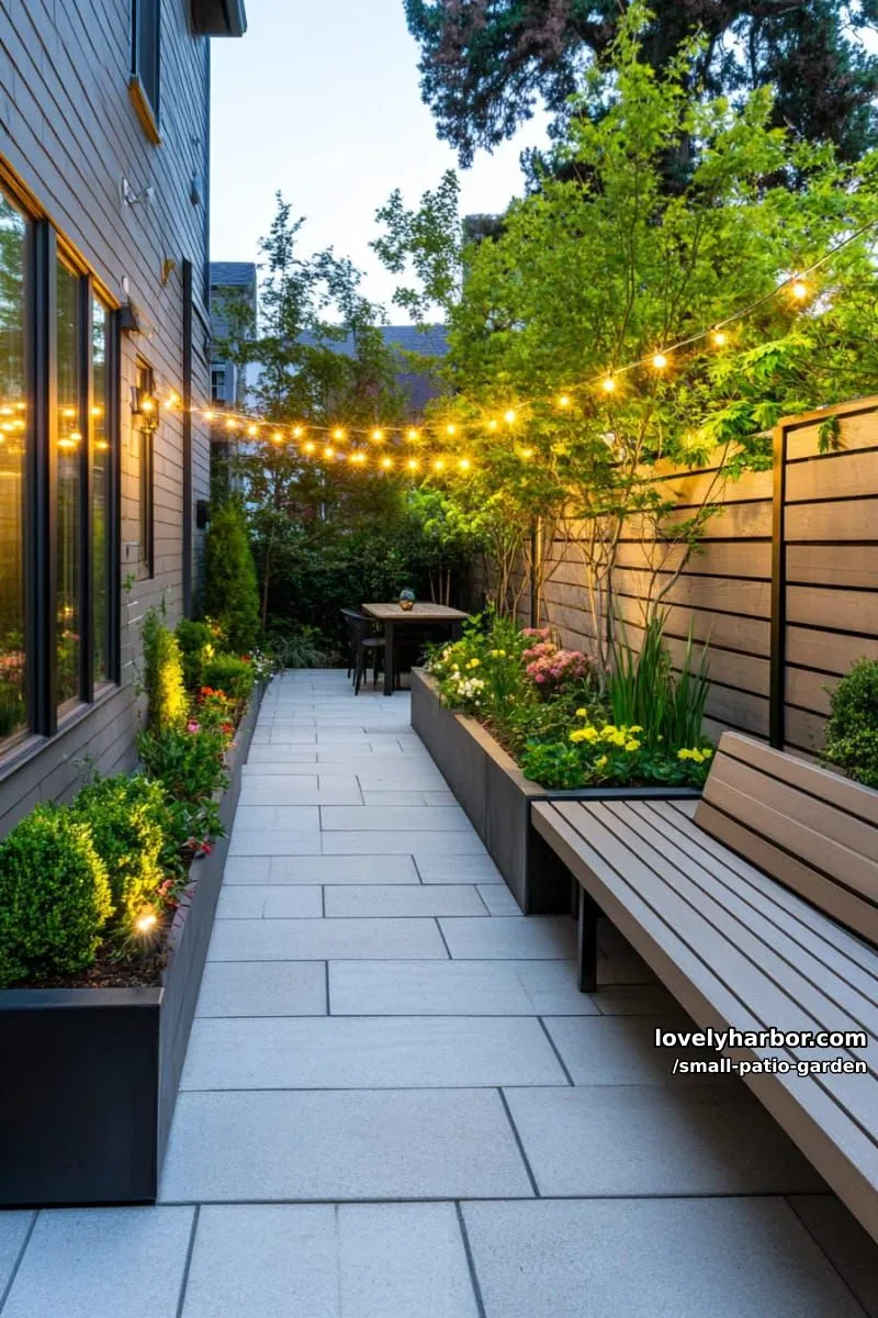 modern narrow patio, concrete pavers, manicured shrubs, and string lights. 1