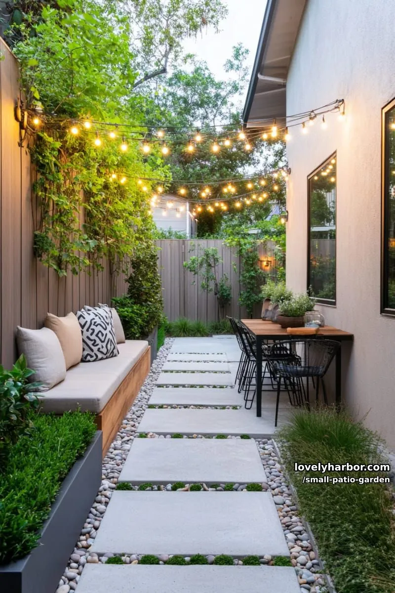 modern narrow patio, concrete pavers, manicured shrubs, and string lights. 1