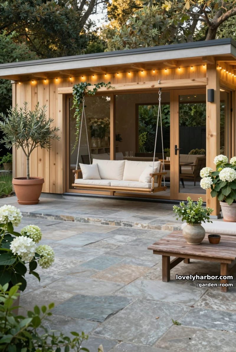 modern outbuilding with light wood cladding, stone patio, and swing bench. 1