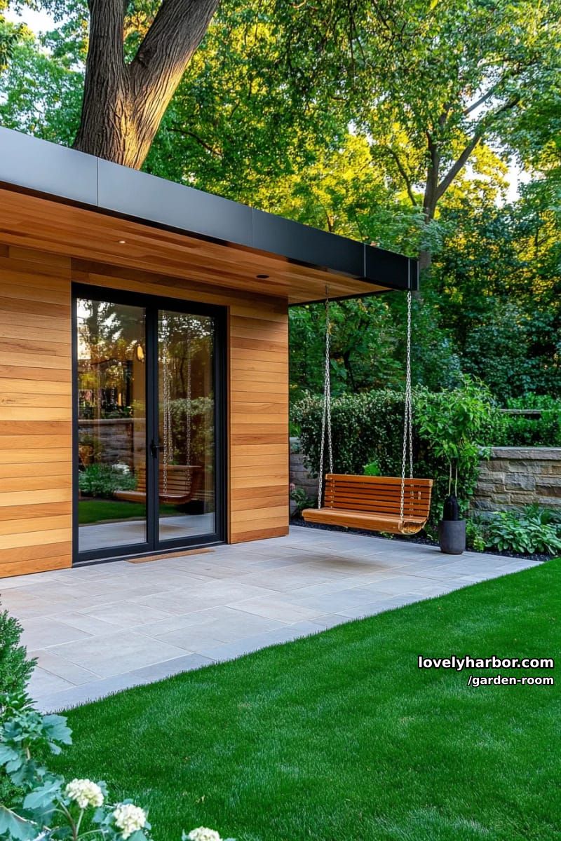 modern outbuilding with light wood cladding, stone patio, and swing bench. 1