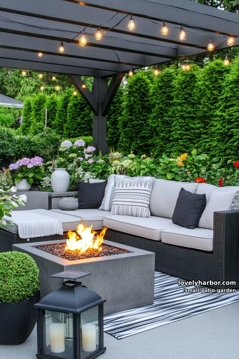 modern patio with gray pergola, black wicker sofa, fire pit, and striped rug. 1