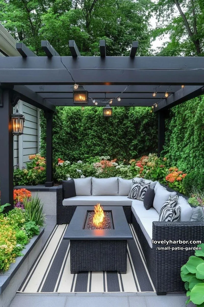 modern patio with gray pergola, black wicker sofa, fire pit, and striped rug. 1