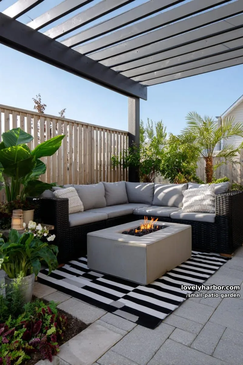 modern patio with gray pergola, black wicker sofa, fire pit, and striped rug. 1