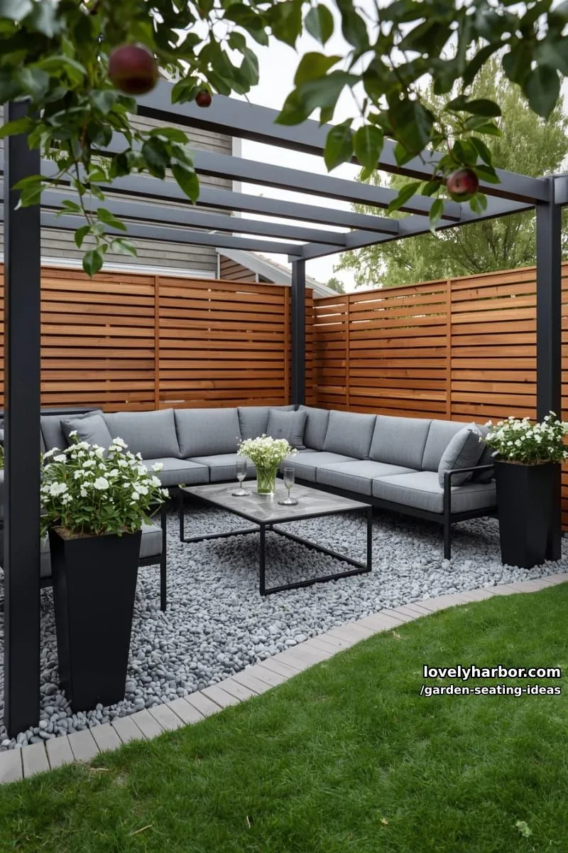 modern patio with gray pergola, l-shaped sofa, and privacy panels 1