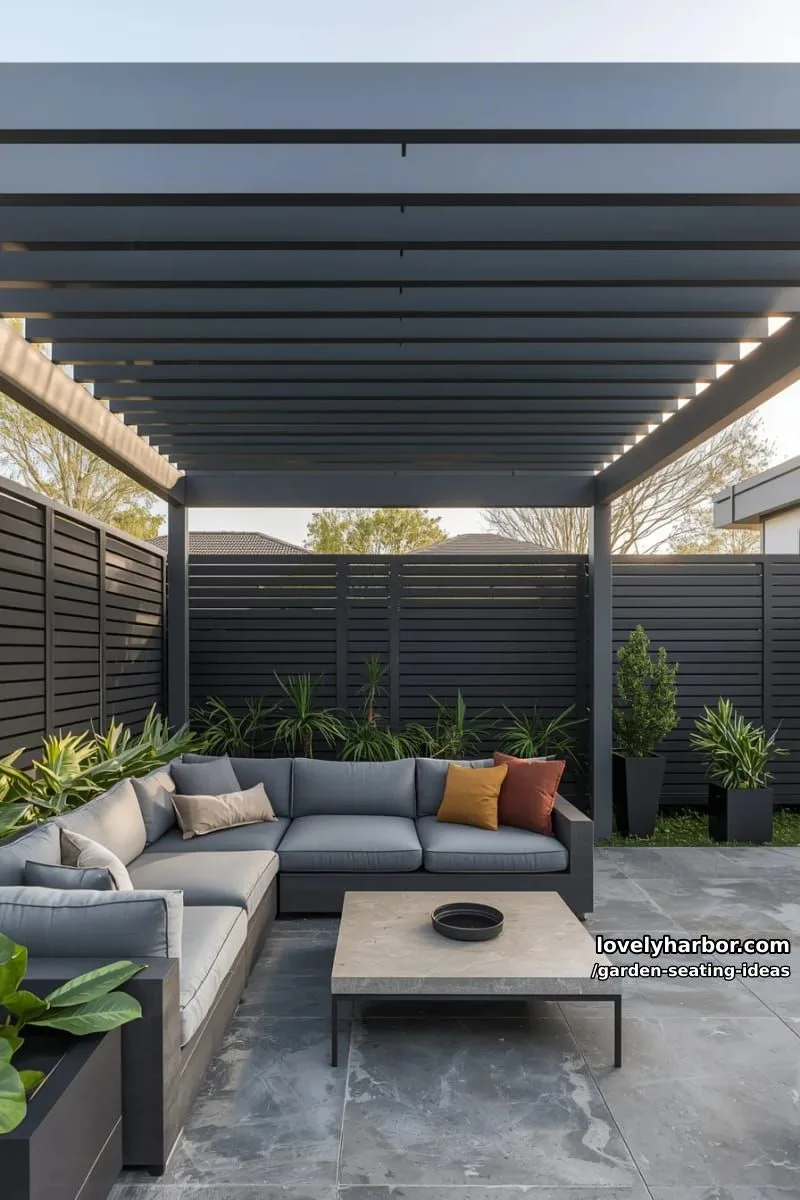 modern patio with gray pergola, l-shaped sofa, and privacy panels 1