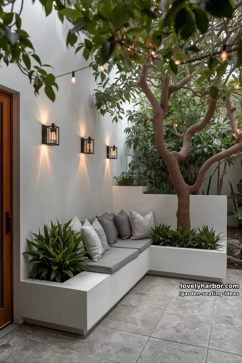 modern patio with l-shaped bench, white walls, tree, and string lights 1