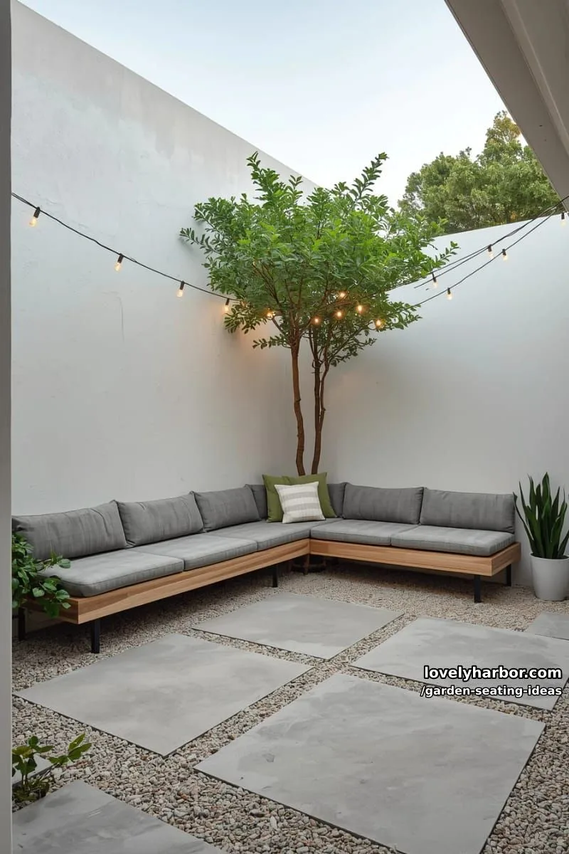 modern patio with l-shaped bench, white walls, tree, and string lights 1