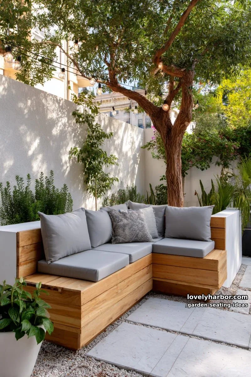 modern patio with l-shaped bench, white walls, tree, and string lights 1