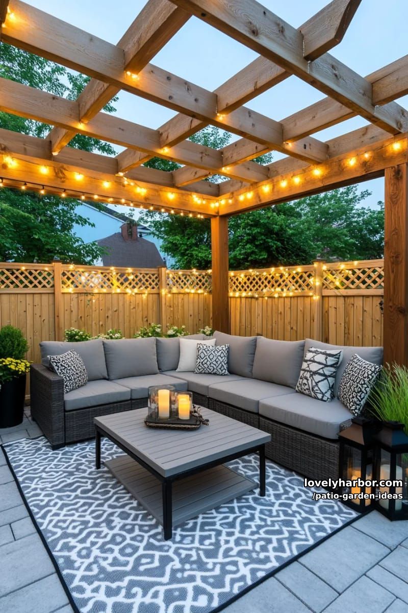 modern patio with pergola, fairy lights, sectional sofa, and potted plants. 1