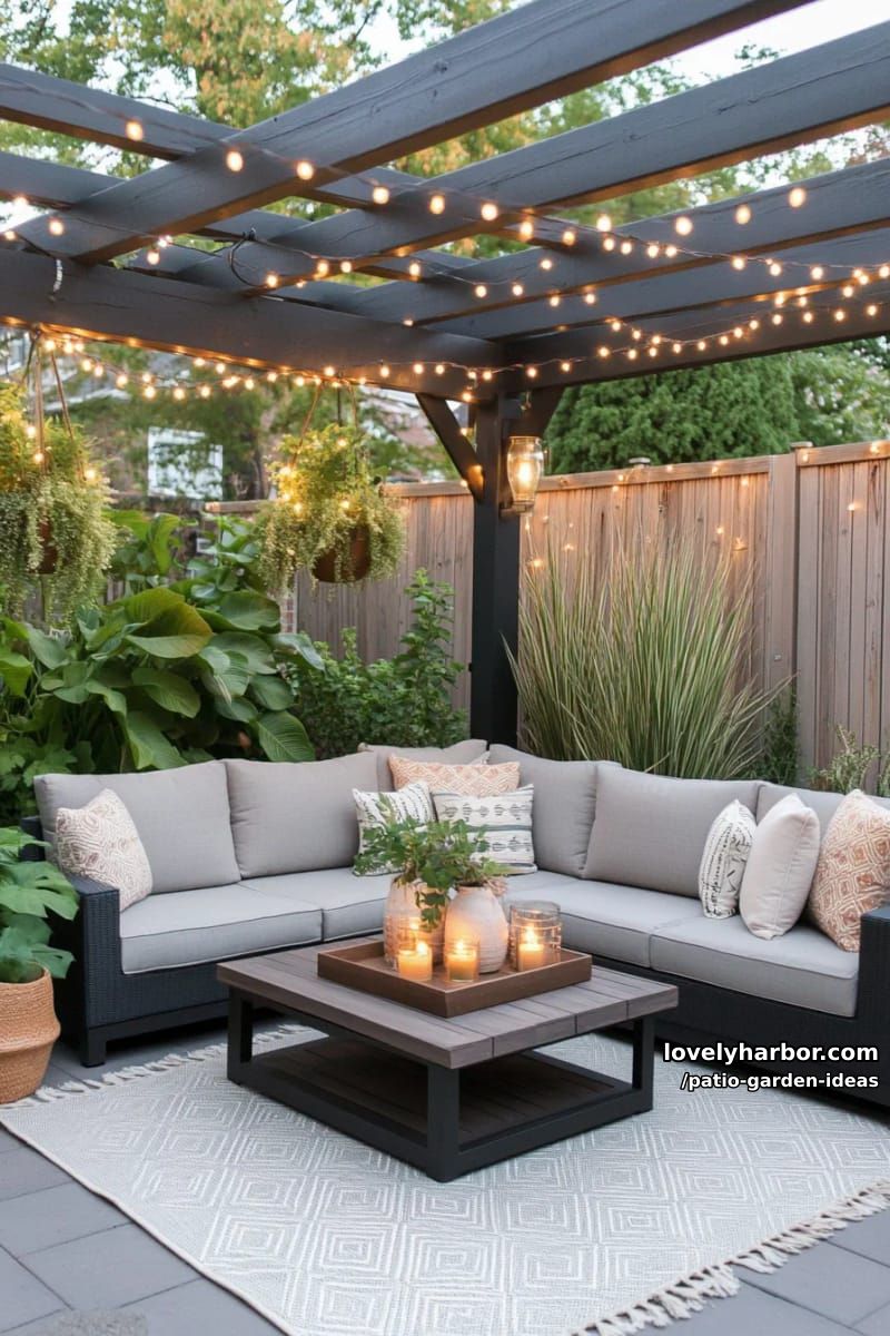 modern patio with pergola, fairy lights, sectional sofa, and potted plants. 1