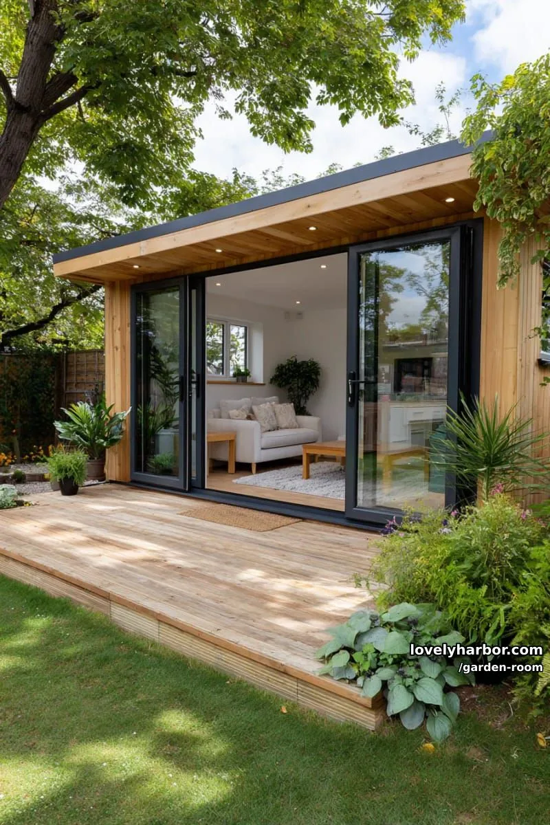 modern small house with glass sliding doors and a cozy interior. 1