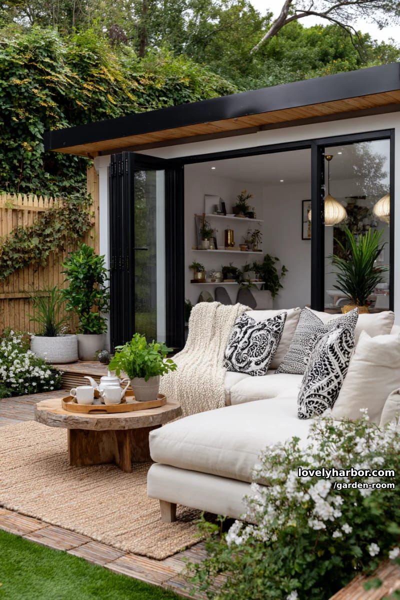 modern small house with glass sliding doors and a cozy interior. 1