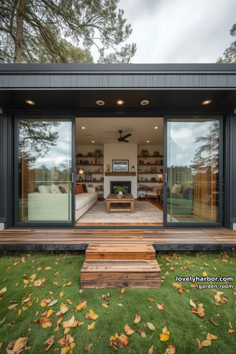 modern small house with glass sliding doors and a cozy interior. 1