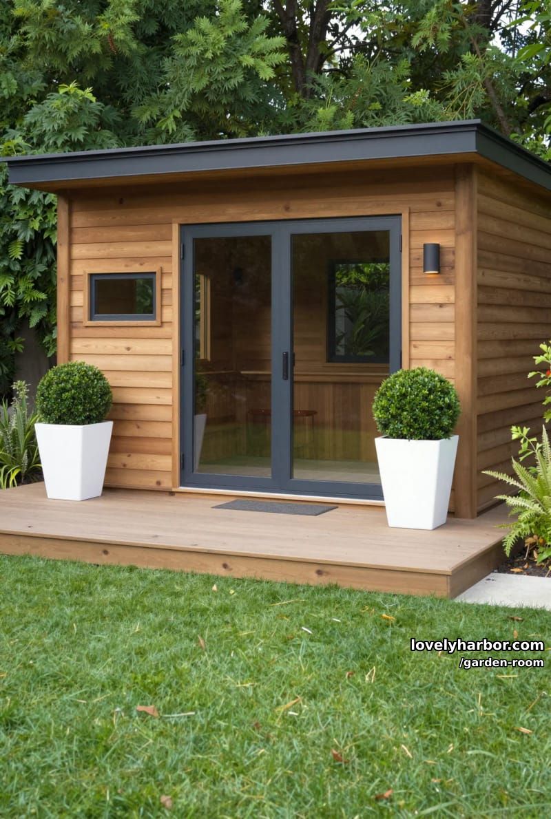 modern wooden garden office with glass doors and topiary planters. 1